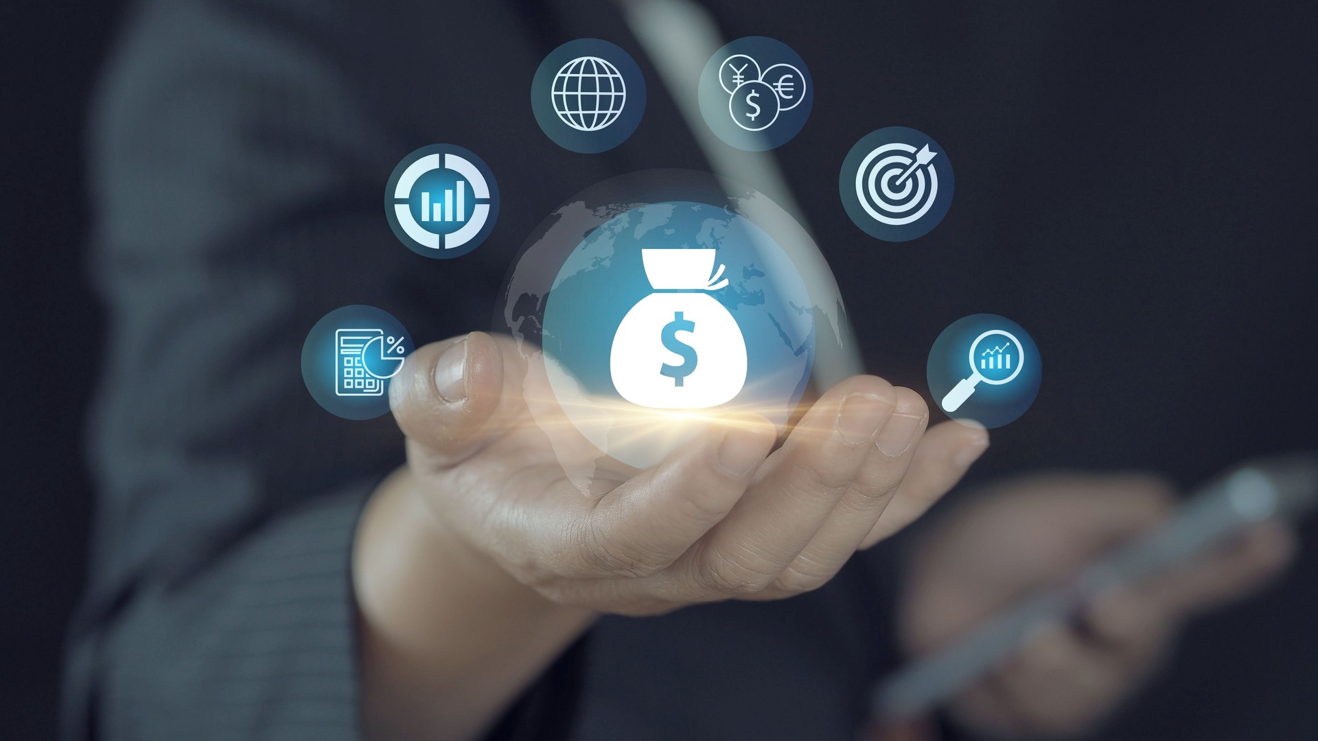 Businessman or trader showing icon of business and finance, Investment concept, invest money, business and finance, capital fundraising, dollar loan credit, trade, trader, invest in trading.