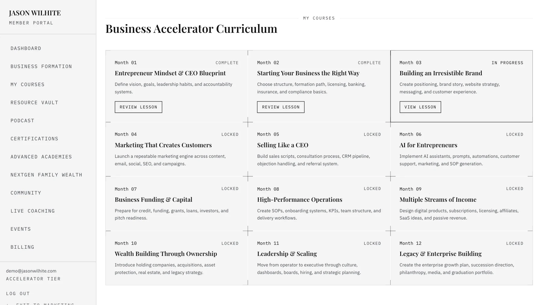 The member portal's curriculum screen: twelve month-cards in a grid, each with its title and outcome. Months one and two are marked complete, month three in progress, and months four through twelve locked.