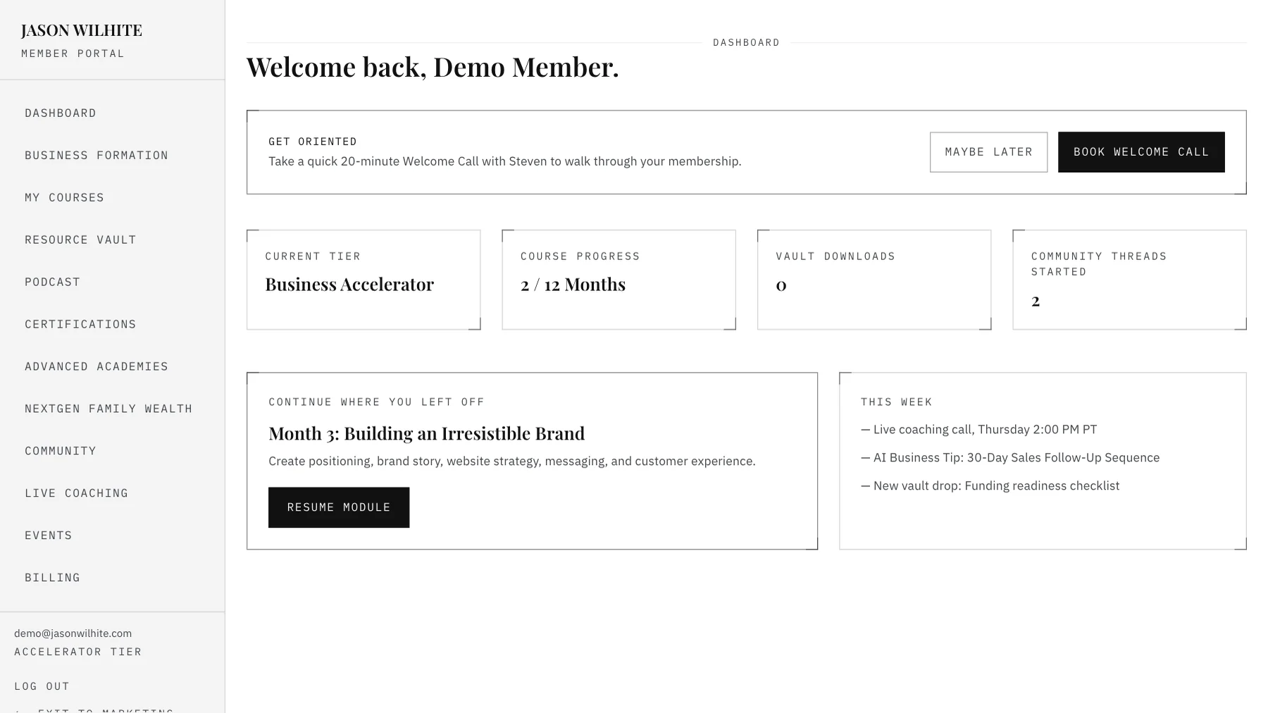 The member dashboard showing current tier, course progress, and the current month's module with a resume button.