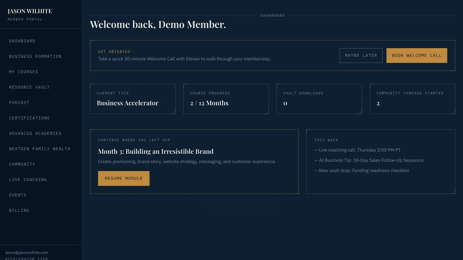 The member dashboard showing current tier, course progress, and the current month's module with a resume button.