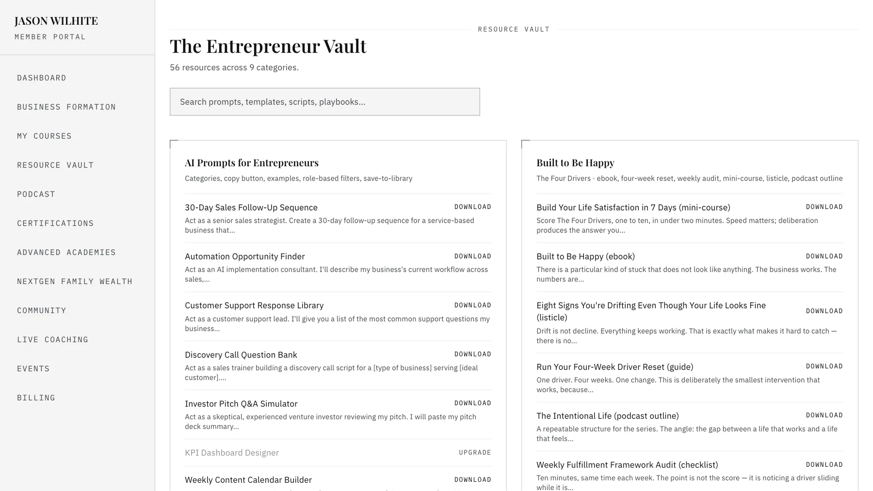 The Resource Vault screen listing 56 resources across 9 categories, with a search field and per-asset download links.