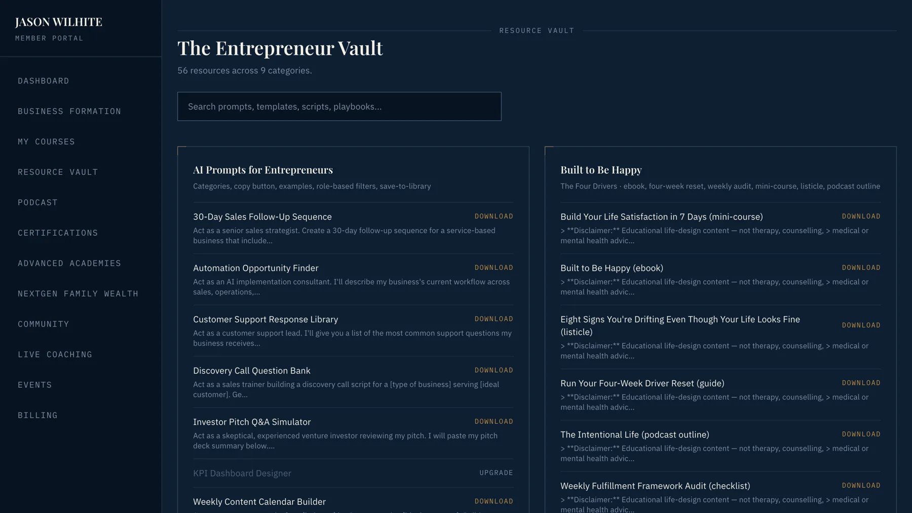 The Resource Vault screen listing 56 resources across 9 categories, with a search field and per-asset download links.